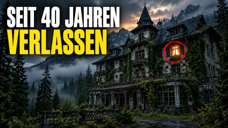 Vorschaubild: verlassenes Hotel im Wald, Schriftzug Seit 40 Jahren verlassen